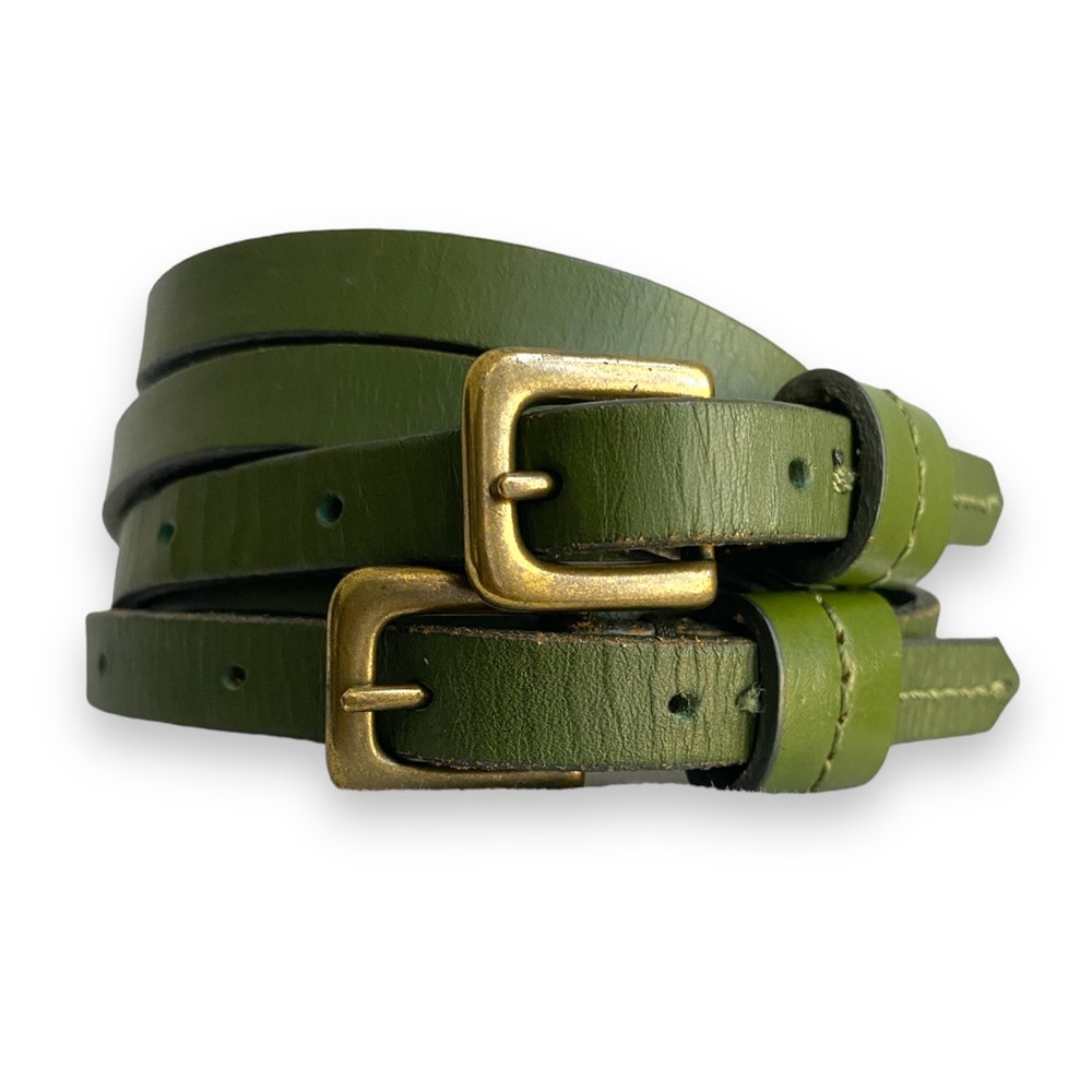 Vintage Olive Double Buckle Women Leather Thin Double Straps Belt 38”